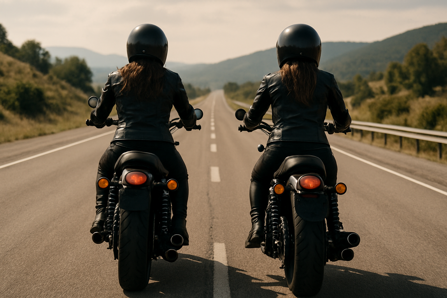 Female bikers riding back shot 